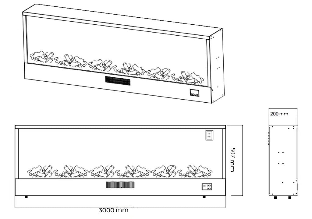 Caminetto Elettrico ETNA Nero Imponente Caminetto Da 3 Metri per Interno da Incasso Potenza 1500W