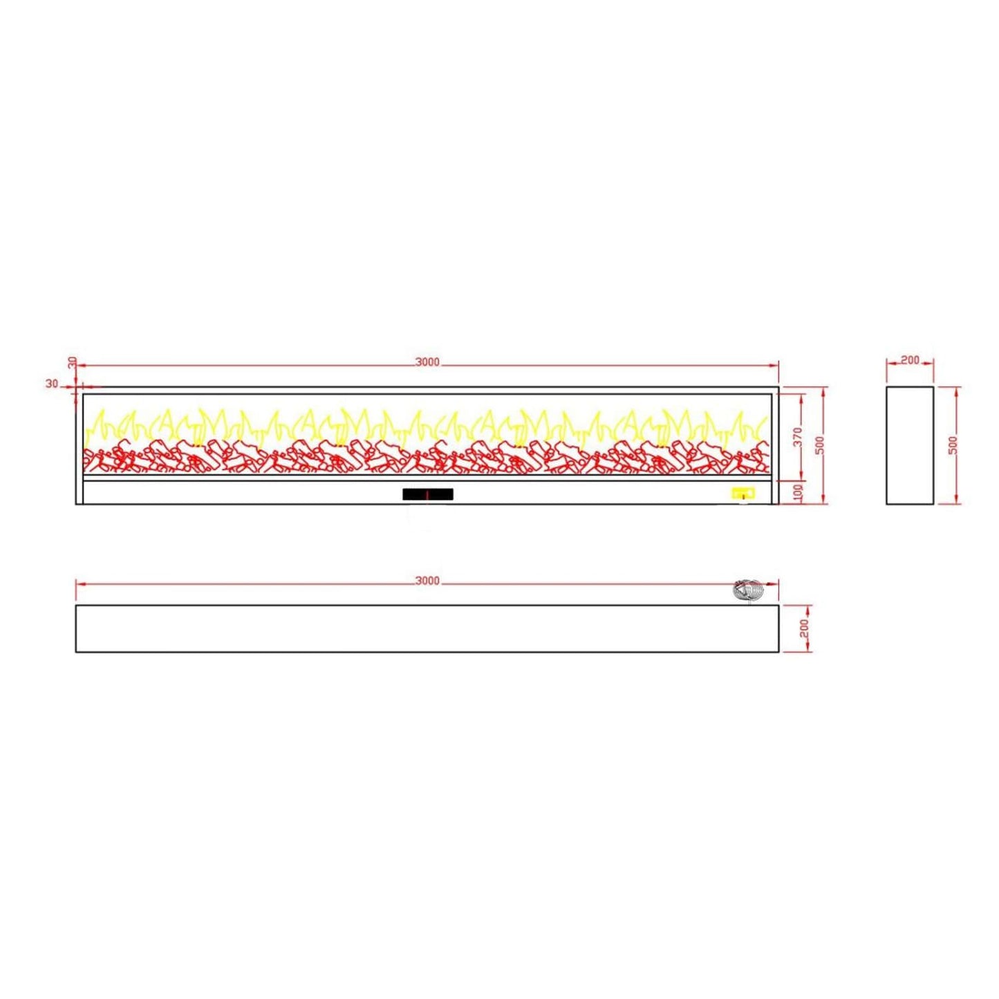 Caminetto Elettrico ETNA Nero Imponente Caminetto Da 3 Metri per Interno da Incasso Potenza 1500W