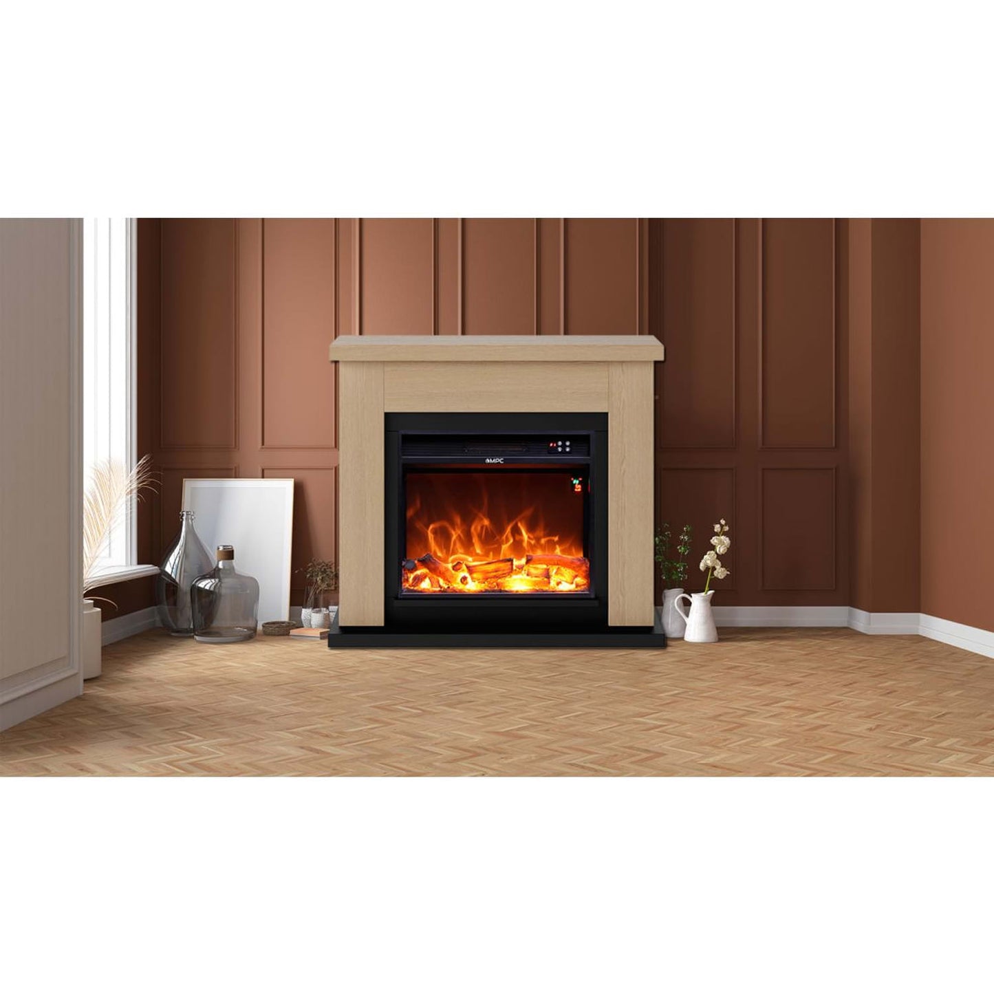 Camino ASCIANO Rovere Da Terra Con Bruciatore Da 1500w Effetto Fiamma Led Rovere