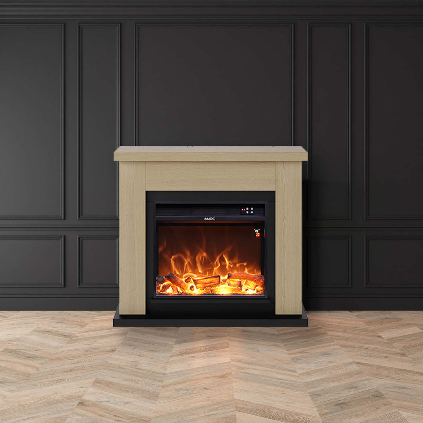 Camino ASCIANO Rovere Da Terra Con Bruciatore Da 1500w Effetto Fiamma Led Rovere