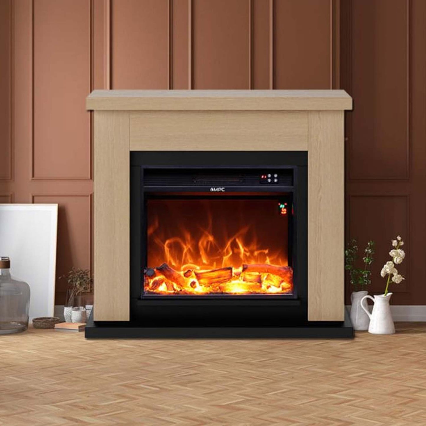 Camino ASCIANO Rovere Da Terra Con Bruciatore Da 1500w Effetto Fiamma Led Rovere