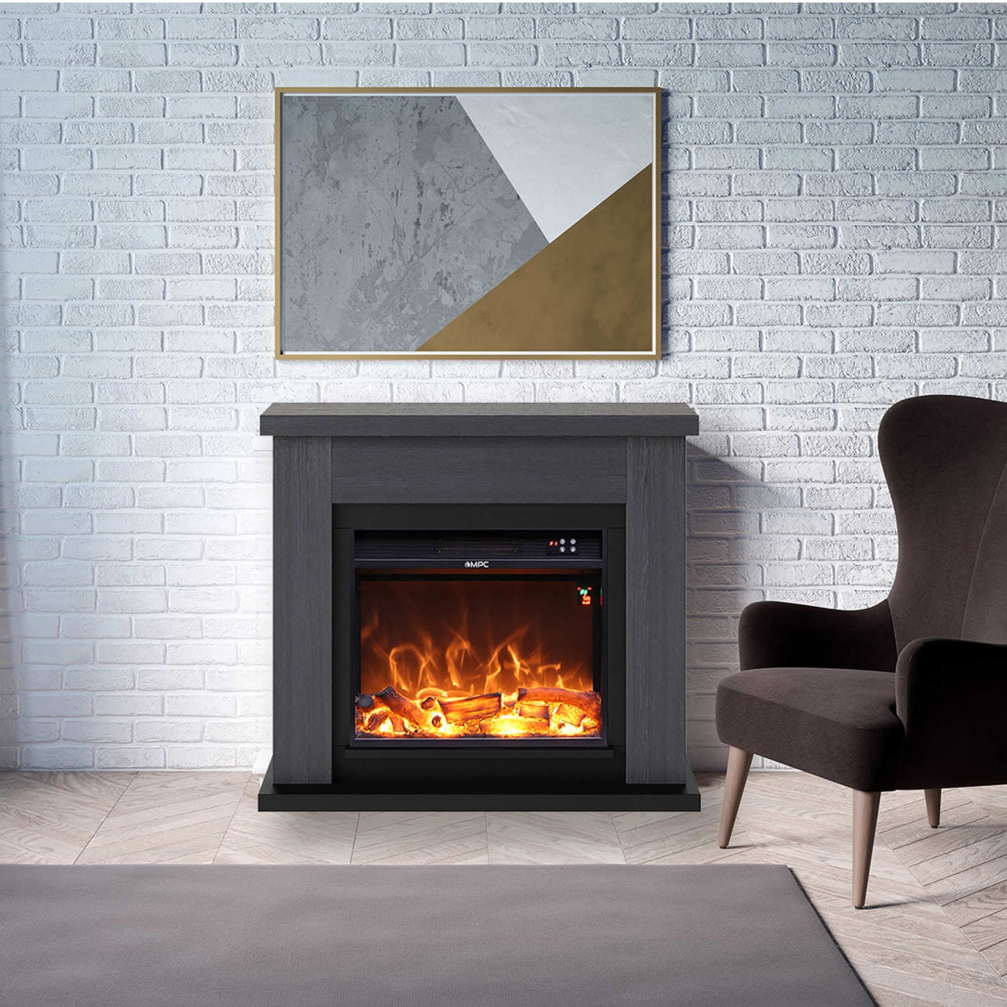 Caminetto Elettrico ASCIANO Grigio da Terra Con Cornice e Bruciatore Elettrico Da 1500w